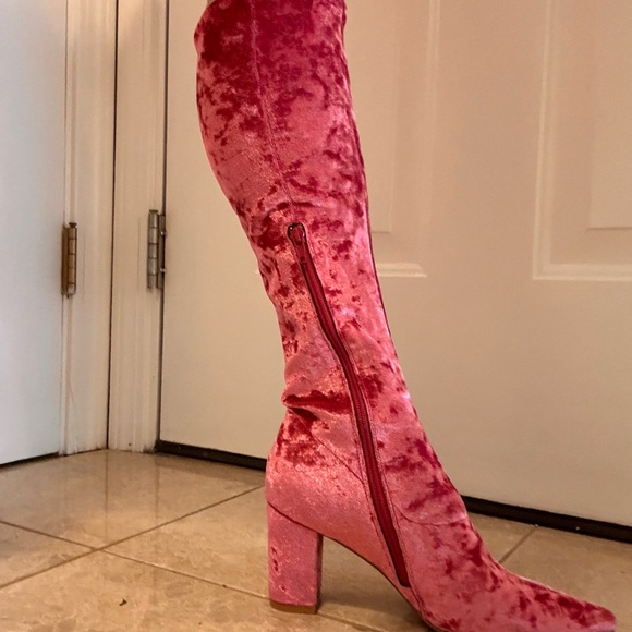PINK VELVET zip-up stretch boots. 3” heel. SIZE 38. BRAND NEW NEVER WORN. - Picture 2 of 8